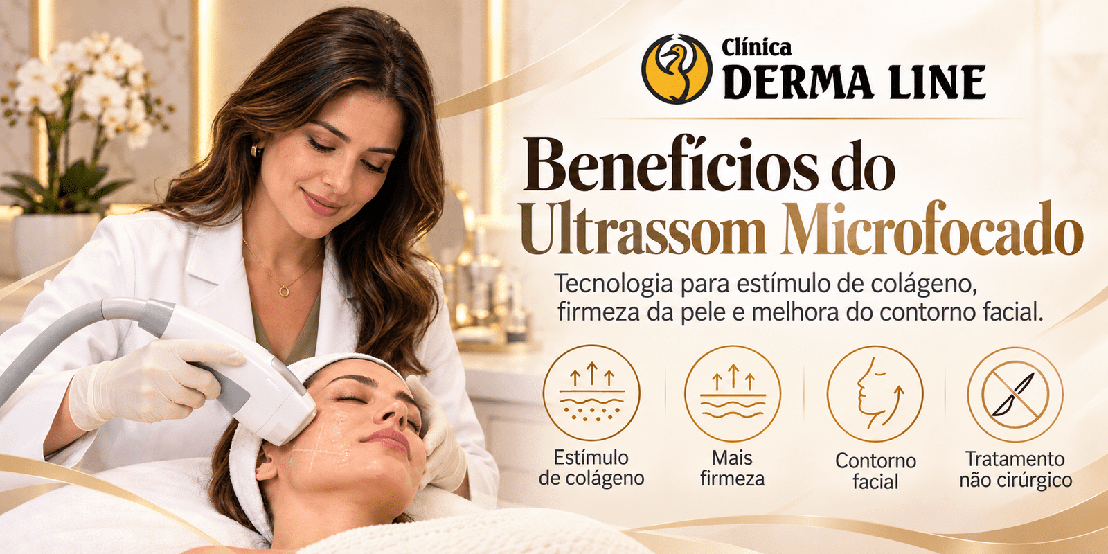 Tratamento com ultrassom microfocado na Clínica Derma Line para estimular colágeno, melhorar a firmeza da pele e favorecer o contorno facial.