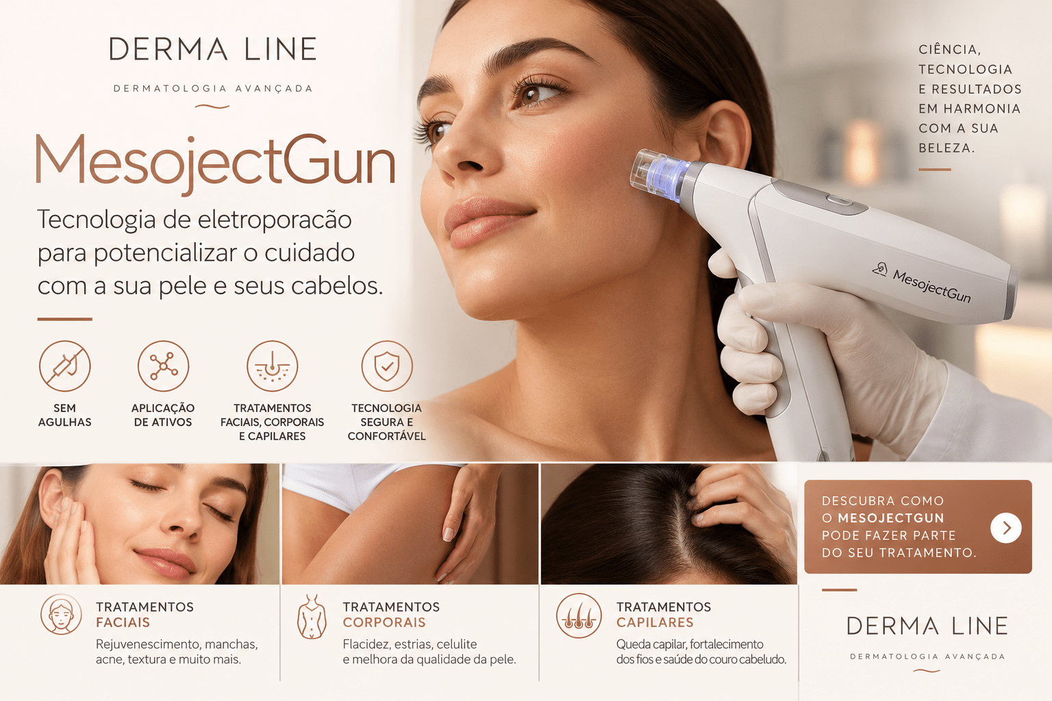 Tratamento com MesojectGun e tecnologia de eletroporação para pele e cabelos