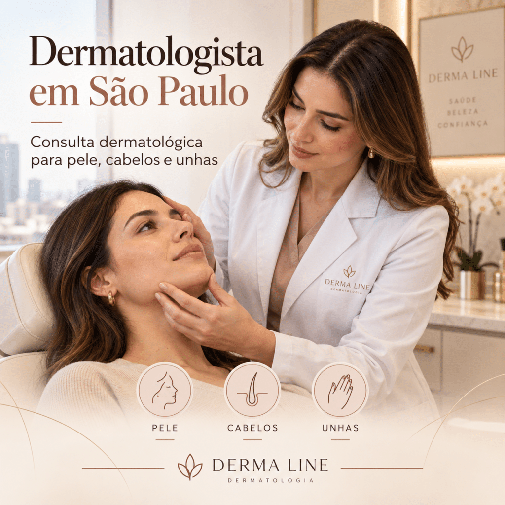 Médica dermatologista avaliando paciente durante consulta dermatológica em São Paulo.