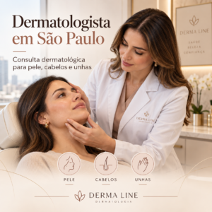 Médica dermatologista avaliando paciente durante consulta dermatológica em São Paulo.