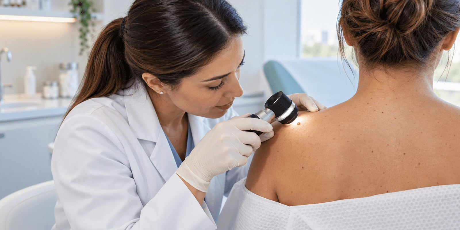 Dermatologista examinando uma pinta nas costas de uma paciente com dermatoscópio.